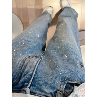 今年流行烫钻闪亮牛仔裤女春秋季2025新款高腰显瘦修身窄版直筒裤