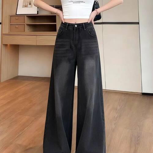 ins潮高质感黑灰色牛仔裤女春秋