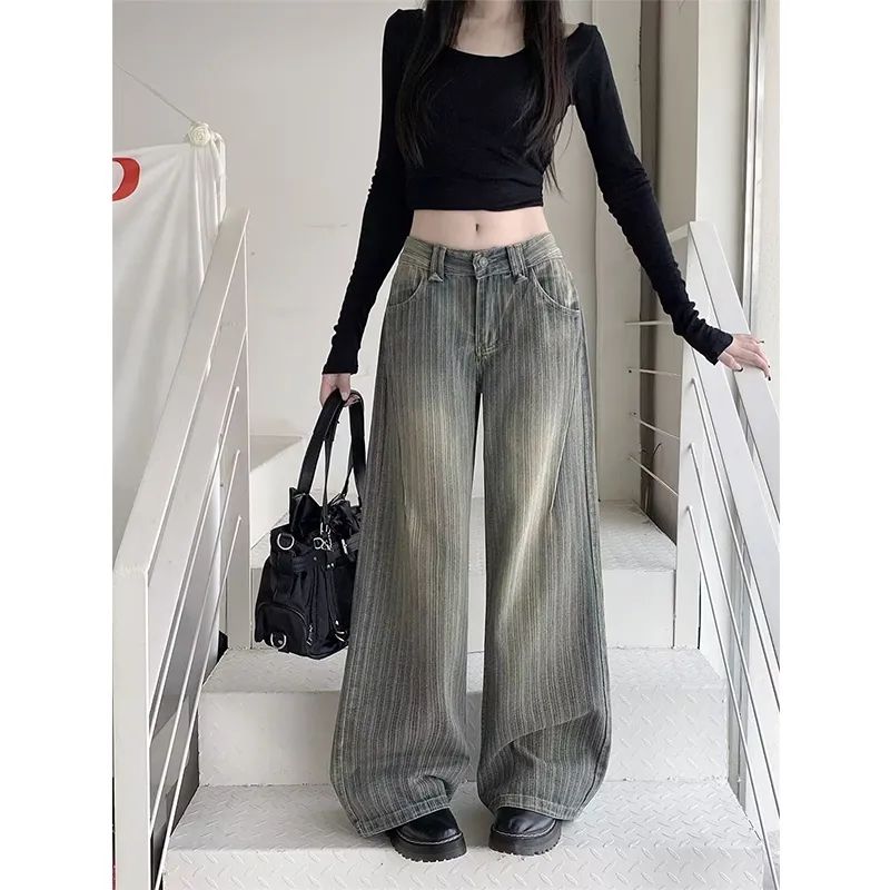 美式复古设计感条纹牛仔裤女春秋