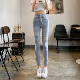 时尚破洞牛仔裤女夏天薄款2025新款高腰紧身百搭弹力显瘦小脚裤子