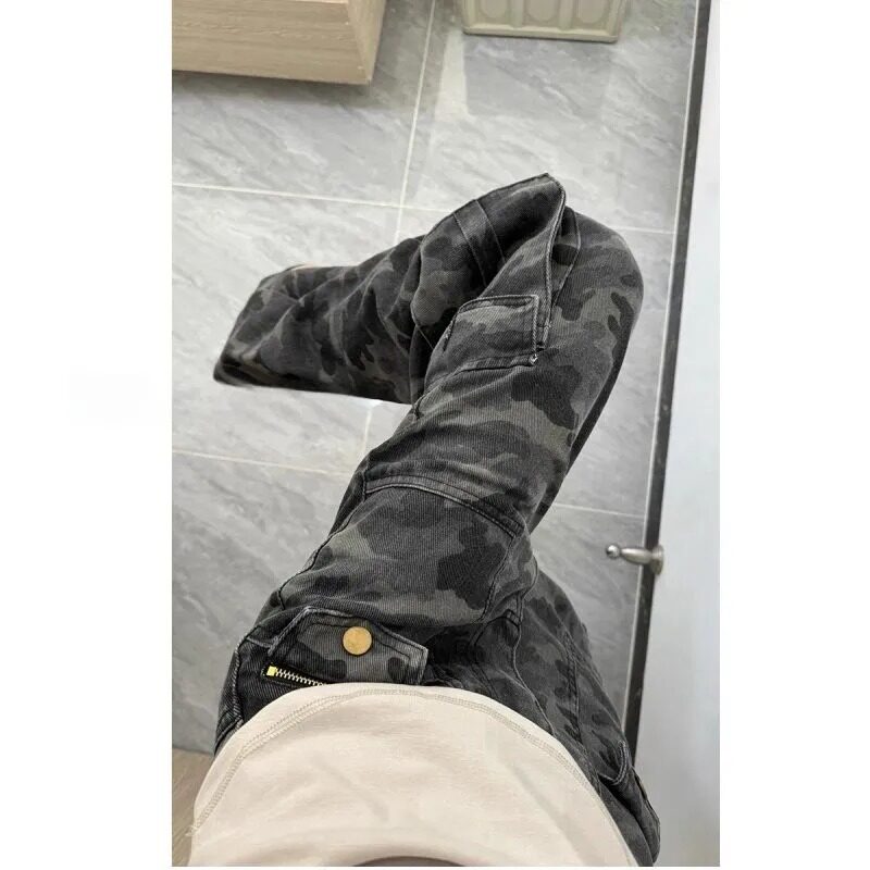 小众设计感迷彩灰牛仔裤女工装裤