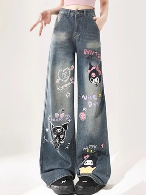 复古涂鸦卡通直筒牛仔裤女春夏秋