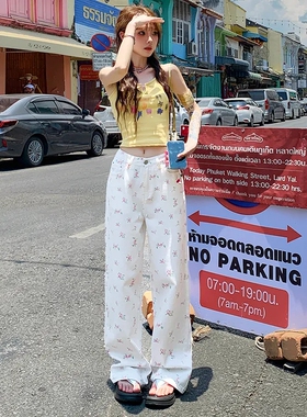 爆款小碎花白色牛仔裤女春秋季2026新款高腰显瘦宽松直筒裤拖地裤