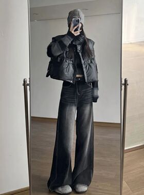 高街复古黑灰色牛仔裤女春秋季2026新款高腰显瘦宽松直筒阔腿裤子
