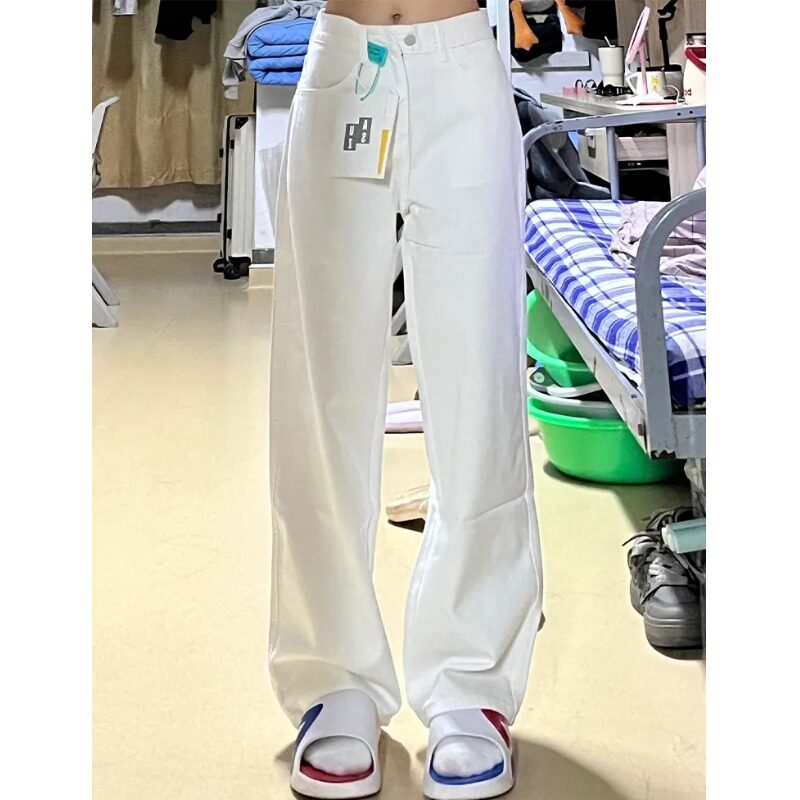 白色牛仔裤女春秋季2024年新款潮百搭高腰显瘦宽松直筒拖地长裤子
