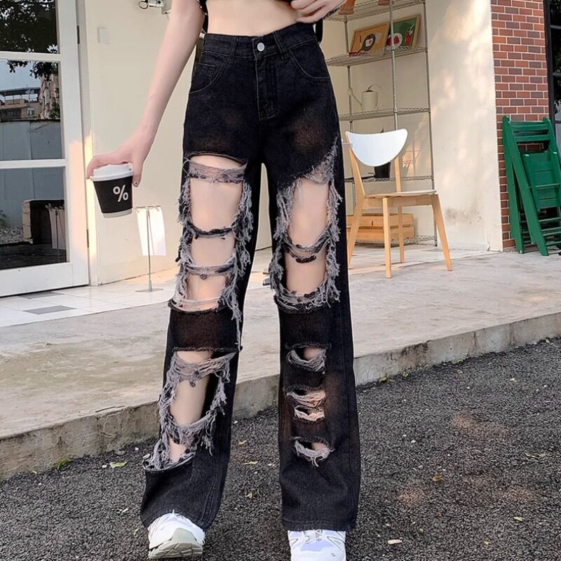 个性乞丐破洞牛仔裤女春夏季直筒