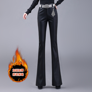 休闲裤 黑色微喇叭PU皮裤 直筒垂感西装 薄绒2025新款 子女加绒秋冬季