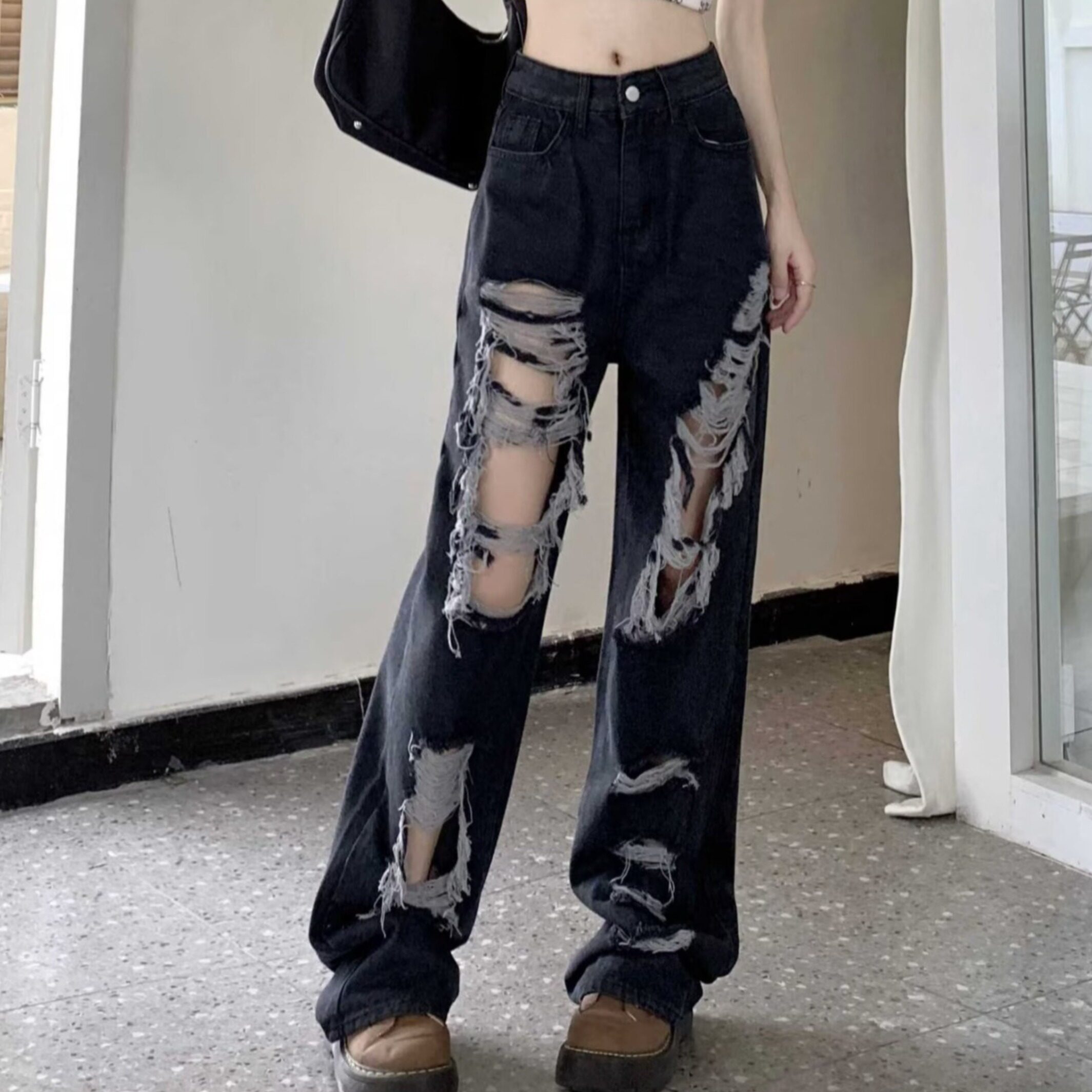 高质量乞丐破洞牛仔裤女夏季阔腿
