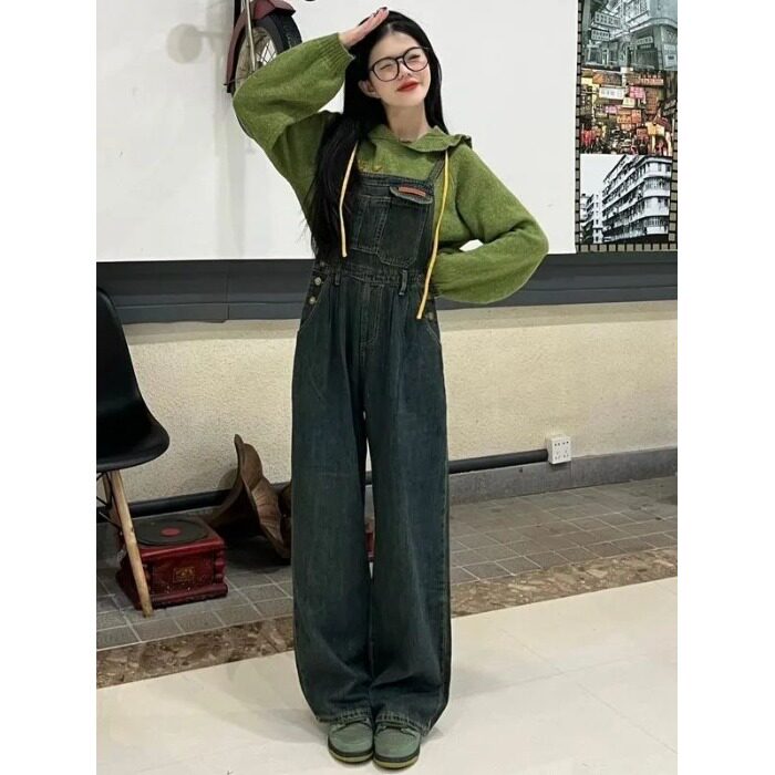 美式复古吊带牛仔裤背带裤女春秋