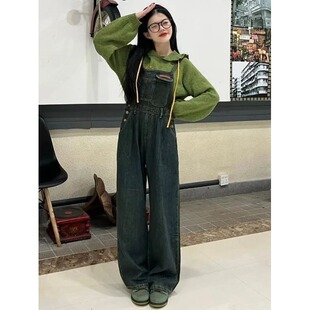 复古吊带牛仔裤 褶皱显瘦阔腿连体裤 背带裤 2026新款 子 女春秋季 美式