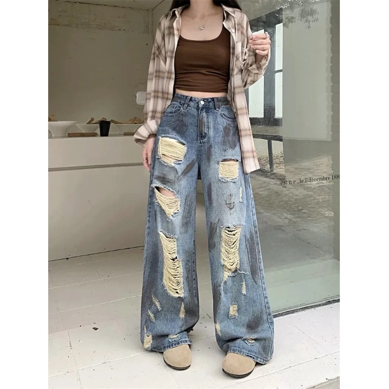 复古高街破洞牛仔裤女夏季2025新款潮扎染高腰显瘦宽松阔腿长裤子