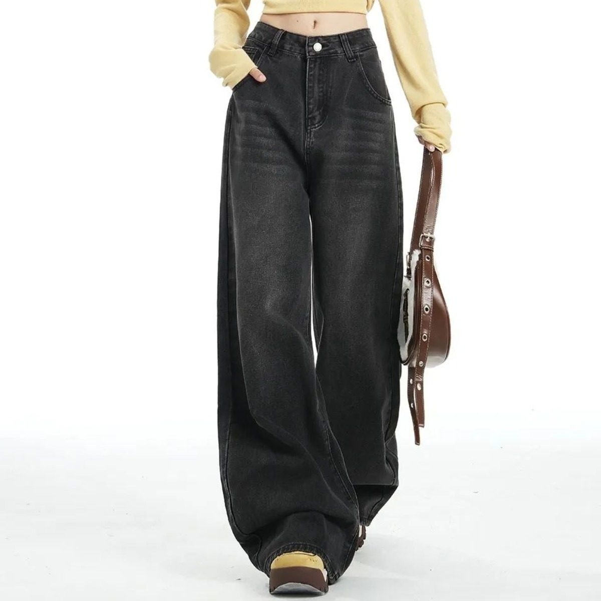 高街复古灰黑色牛仔裤女春秋季2026新款高腰显瘦宽松直筒阔腿裤子