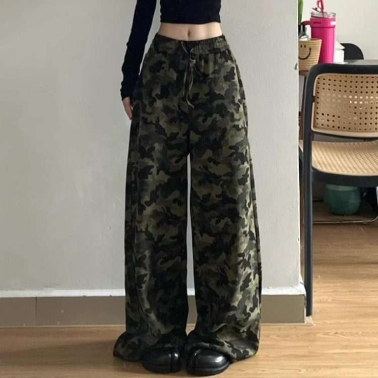 绑带抽绳松紧腰牛仔裤女春秋季2026新款迷彩显瘦宽松阔腿拖地裤子