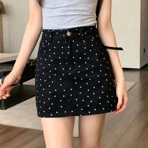 波点黑色牛仔裙女半身裙包臀短裙