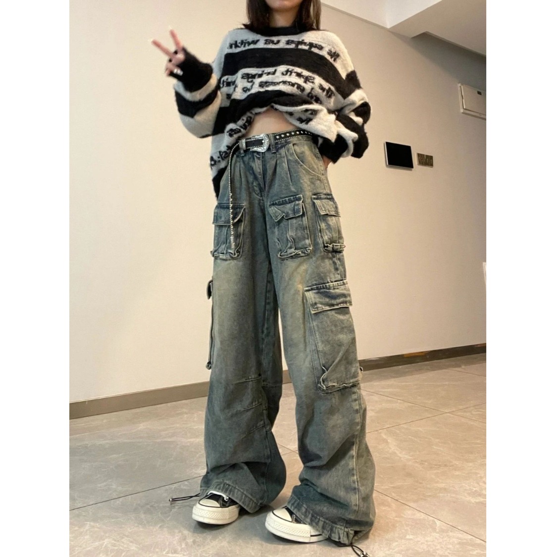 美式复古做旧感阔腿牛仔裤女春秋