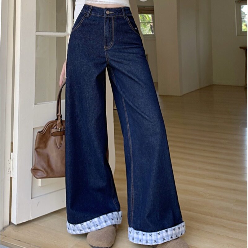 刺绣字母拼接牛仔裤女春季2025年新款高腰显瘦宽松阔腿拖地长裤子