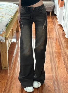 黑灰色破洞牛仔裤女春夏季2025年新款高腰显瘦修身弹力微喇裤子潮