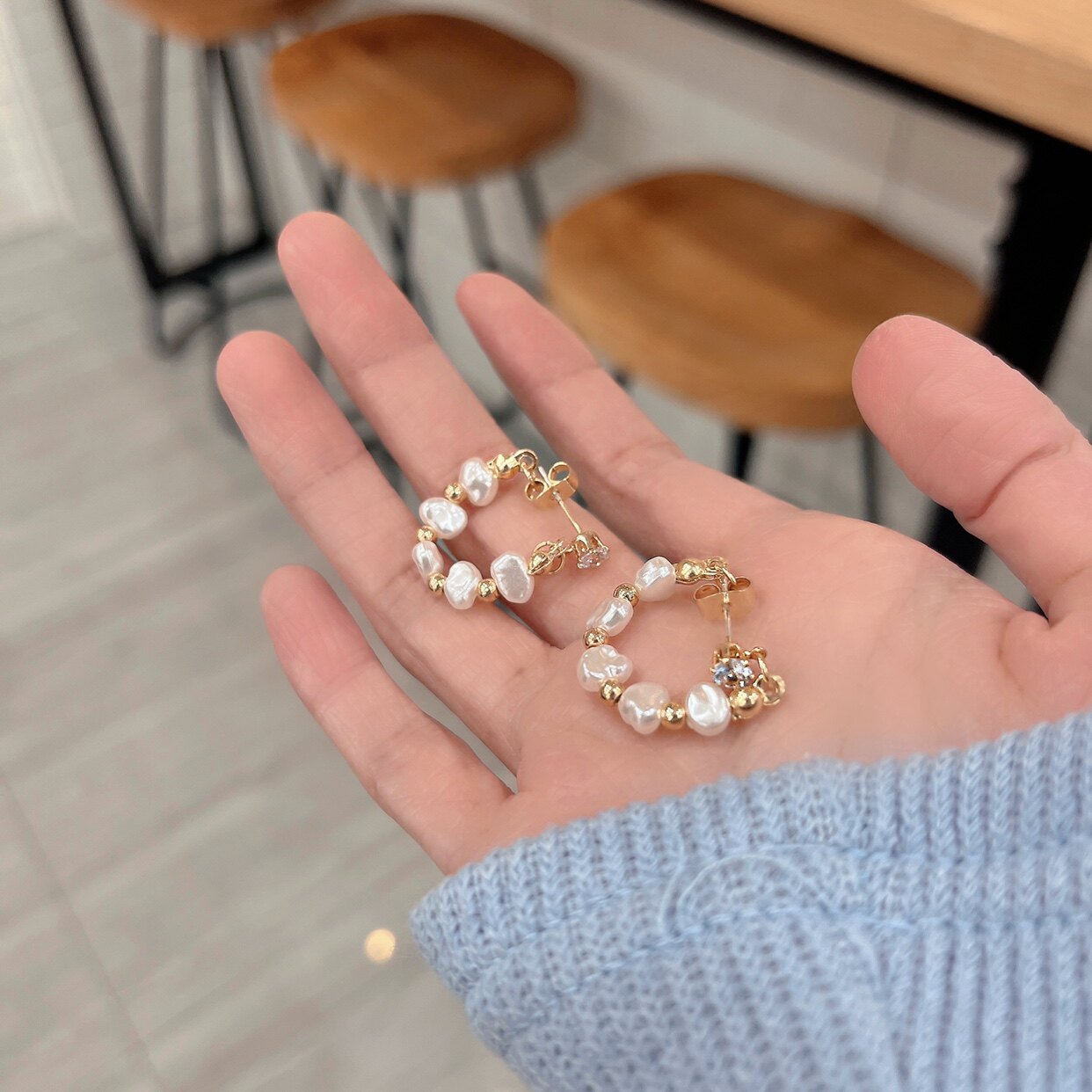 S925银针耳圈ins风耳环少女感珍珠耳饰品小众设计感耳坠短款耳钉