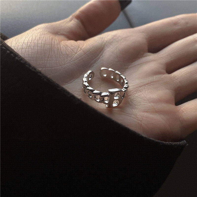 韩国b家字母开口戒指高级感冷淡风网格合金指环个性简约百搭指扣