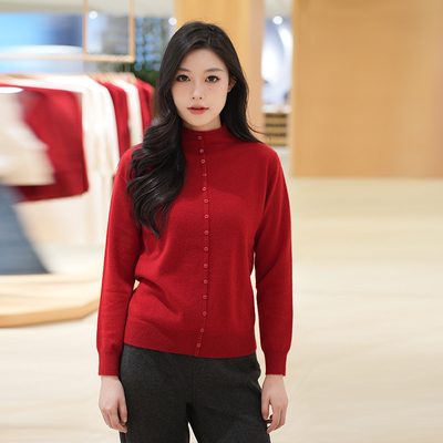 GTS新疆天山红色高领长袖针织假开衫女百搭气质羊绒衫红色上衣