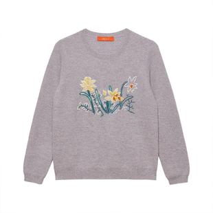 天山羊绒圆领刺绣兰花纯羊绒衫通勤风100新疆山羊绒针织衫女