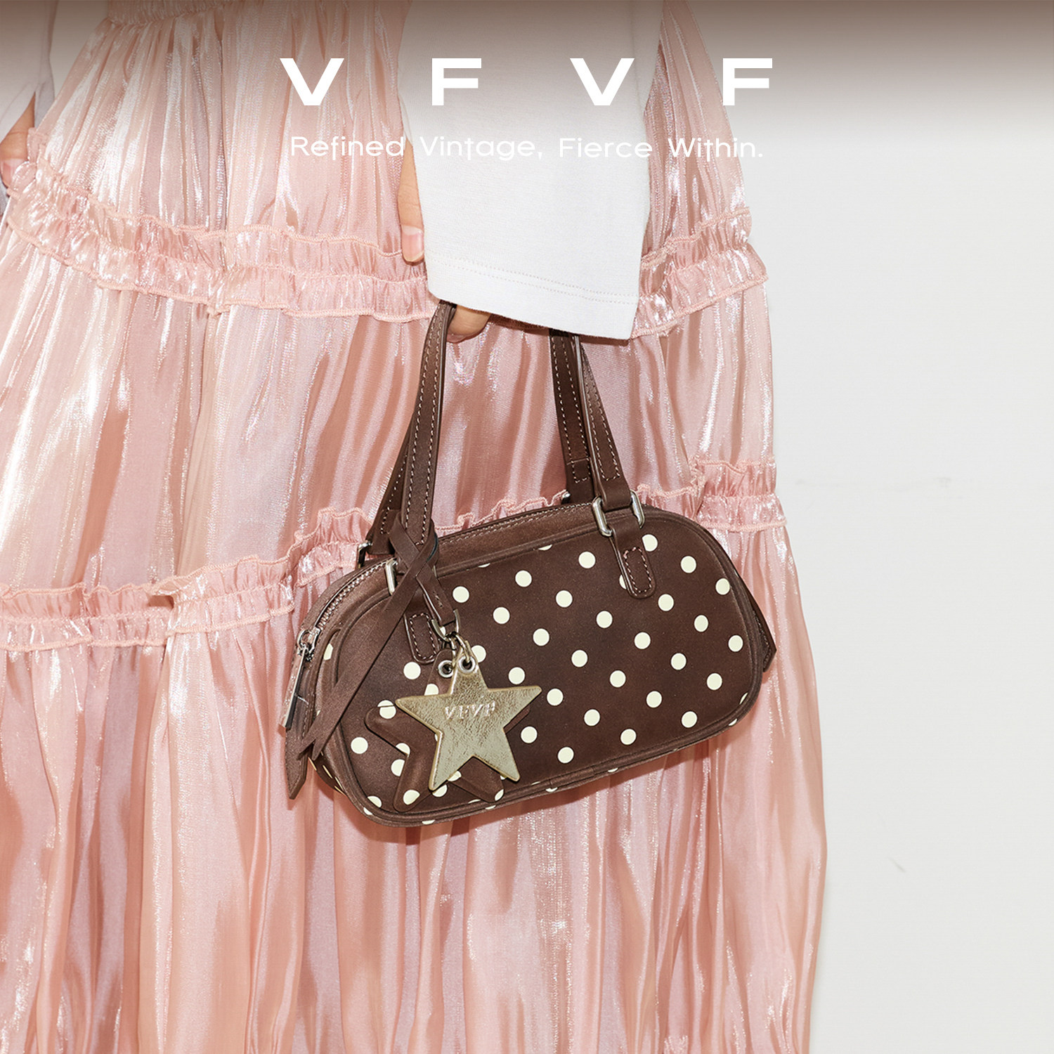 VFVF棕色波点波士顿包手提包波点包单肩斜挎包通勤包小手拎包植鞣