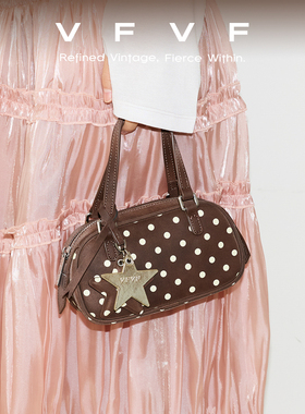 VFVF棕色波点波士顿包手提包波点包单肩斜挎包通勤包小手拎包植鞣
