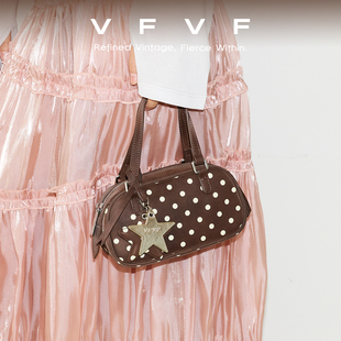 VFVF棕色波点波士顿包手提包波点包单肩斜挎包通勤包小手拎包植鞣