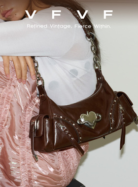 VFVF棕色腋下包原创小众设计机车镶钻法棍斜挎单肩女包包hobo包