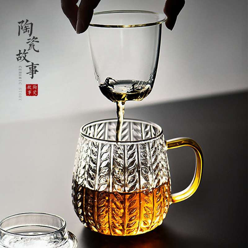 玻璃茶杯带盖子家用喝水杯子办公室茶水分离泡茶杯女生耐热花茶水