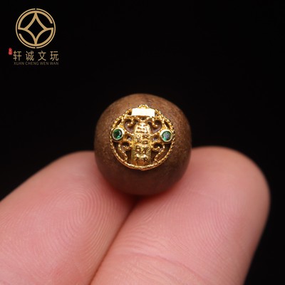 古法金配件天然沉香木镶嵌五路财神隔珠散珠圆珠子DIY文玩配饰件