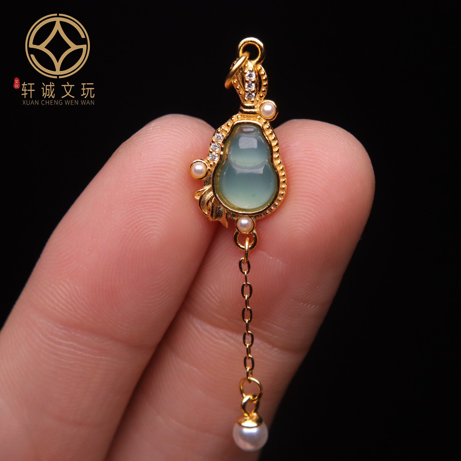 原创925银镀金翡翠葫芦珍珠吊坠隔珠手工串珠diy文玩配饰珠挂件