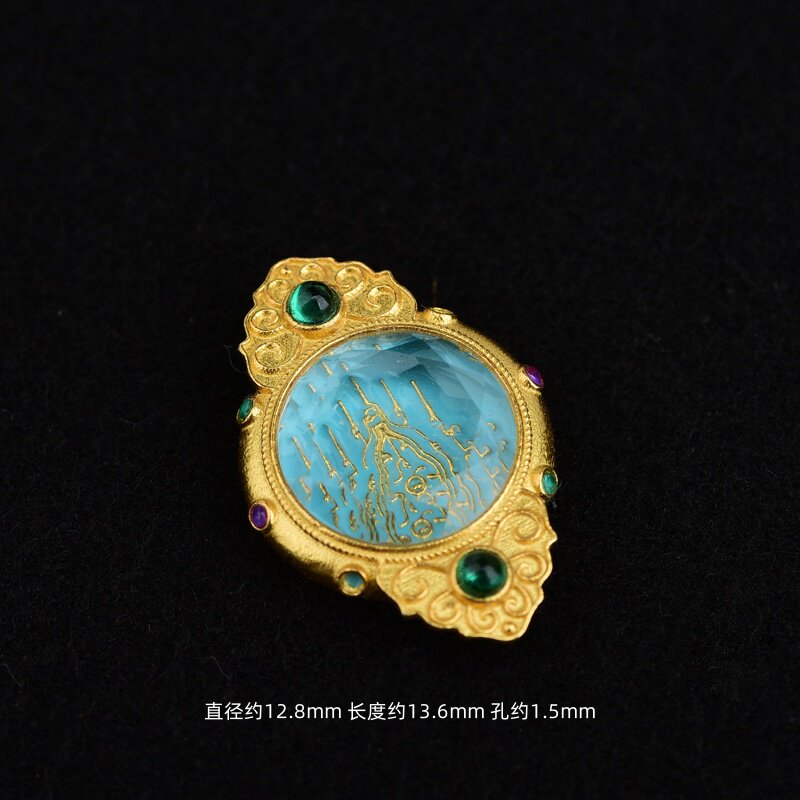 S925纯银镀金吊坠五条白水晶六字真言五路财神配珠桶珠手串链吊坠