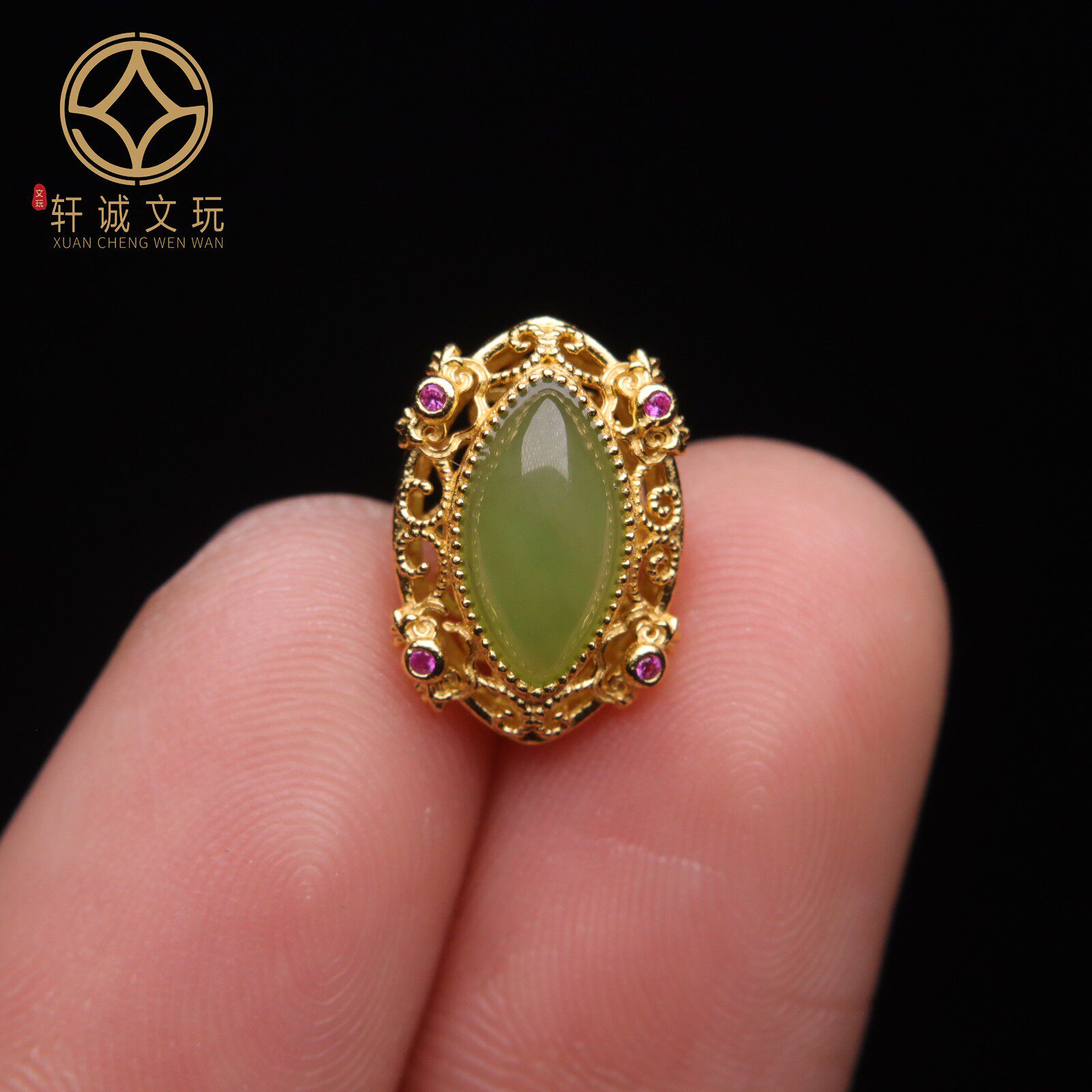 原创925银镀金镶嵌天然碧玉背云隔珠散珠DIY文玩配饰配件饰品吊坠