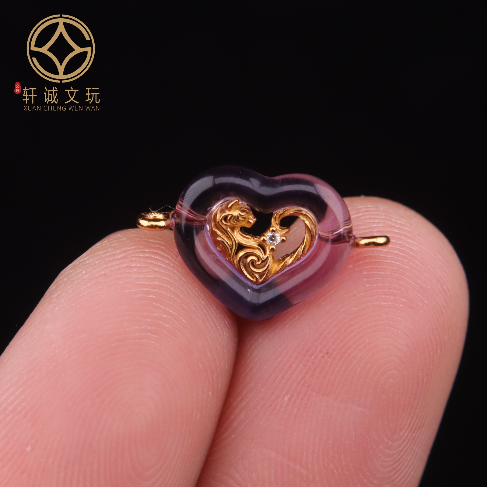 原创925银镀金雪花天然紫水晶爱心吊坠散珠DIY文玩手串配件配珠