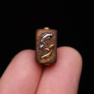 天然银镀金天然沉香双鱼年年有鱼桶珠镶嵌手串手链文玩DIY配珠件