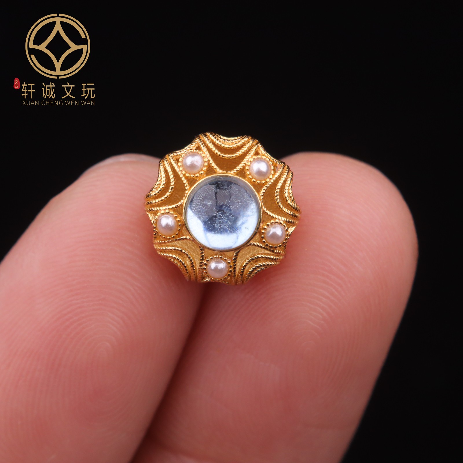 原创S925银镀金天然海蓝宝背云镶嵌桶珠散珠DIY配饰配件配珠饰品