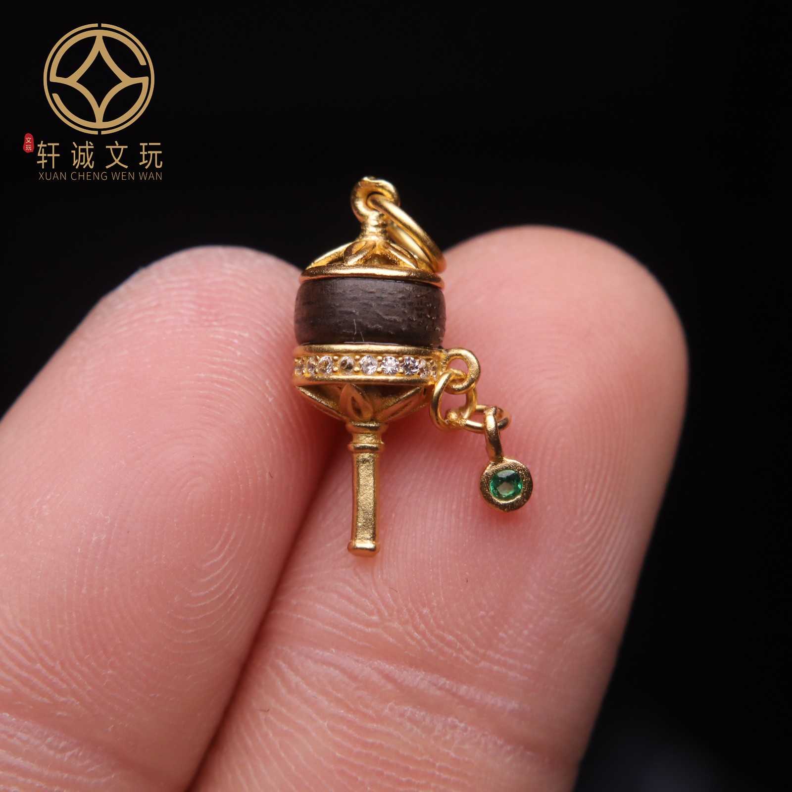 原创足银925银镀金镶嵌沉香佛转经桶珠diy文玩配饰吊坠配件饰品