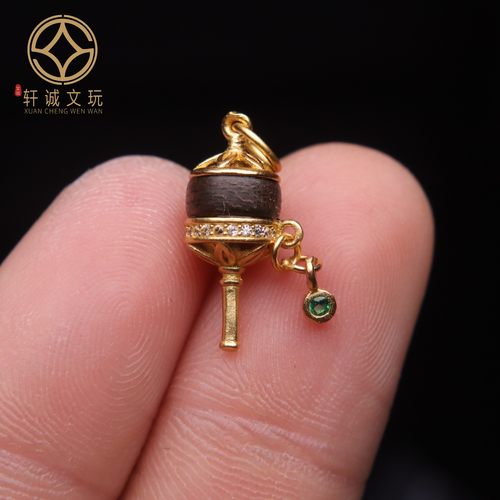 原创足银925银镀金镶嵌沉香佛转经桶珠diy文玩配饰吊坠配件饰品