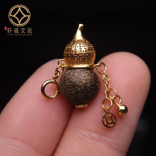 原创S925银镀金天然沉香木镶嵌葫芦桶珠散珠DIY配饰配件配珠饰品