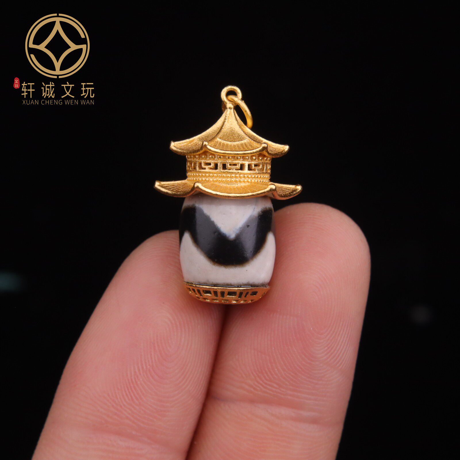 原创925银镀金镶嵌天然玛瑙塔桶珠天珠散珠DIY配饰吊坠文玩配件
