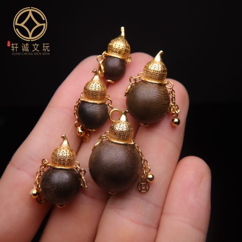 原创S925银镀金天然沉香木镶嵌葫芦桶珠散珠DIY配饰配件手串配珠