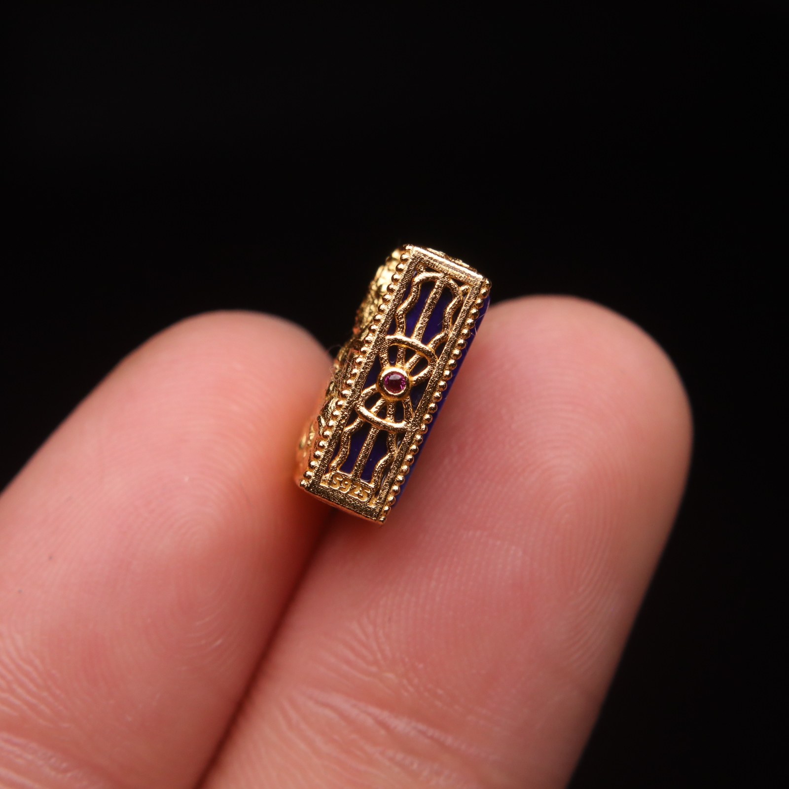 原创银镀金镶嵌天然老矿料青金石背云单珠帝王青diy配饰配件