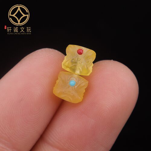 原创天然琥珀蜜蜡醒狮镶嵌蓝红金珀桶珠散珠手串diy文玩手链配件