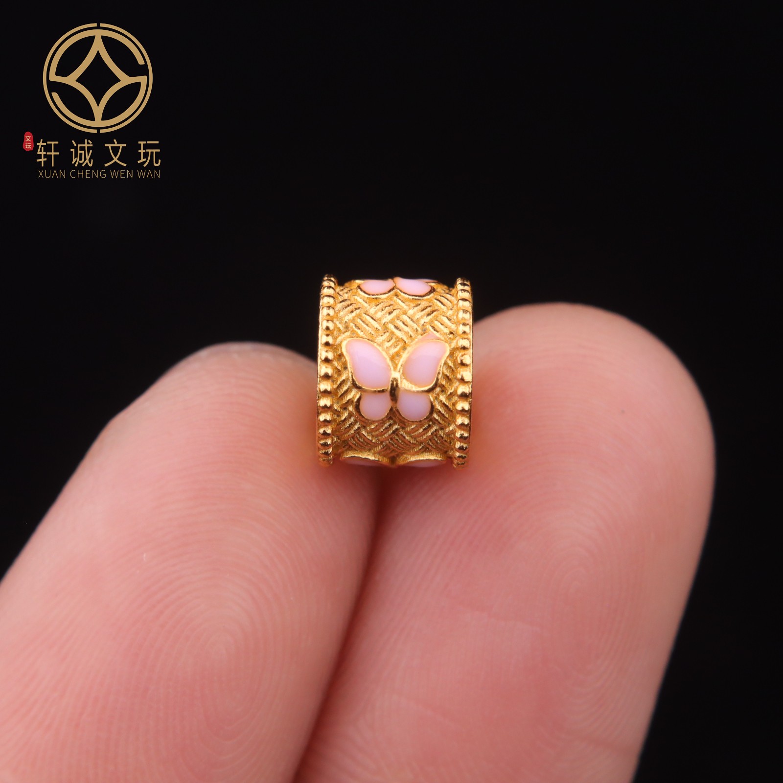 8.6MM粉色蝴蝶彩绘6MM大孔桶珠925银镀金老型diy文玩手串配饰配件