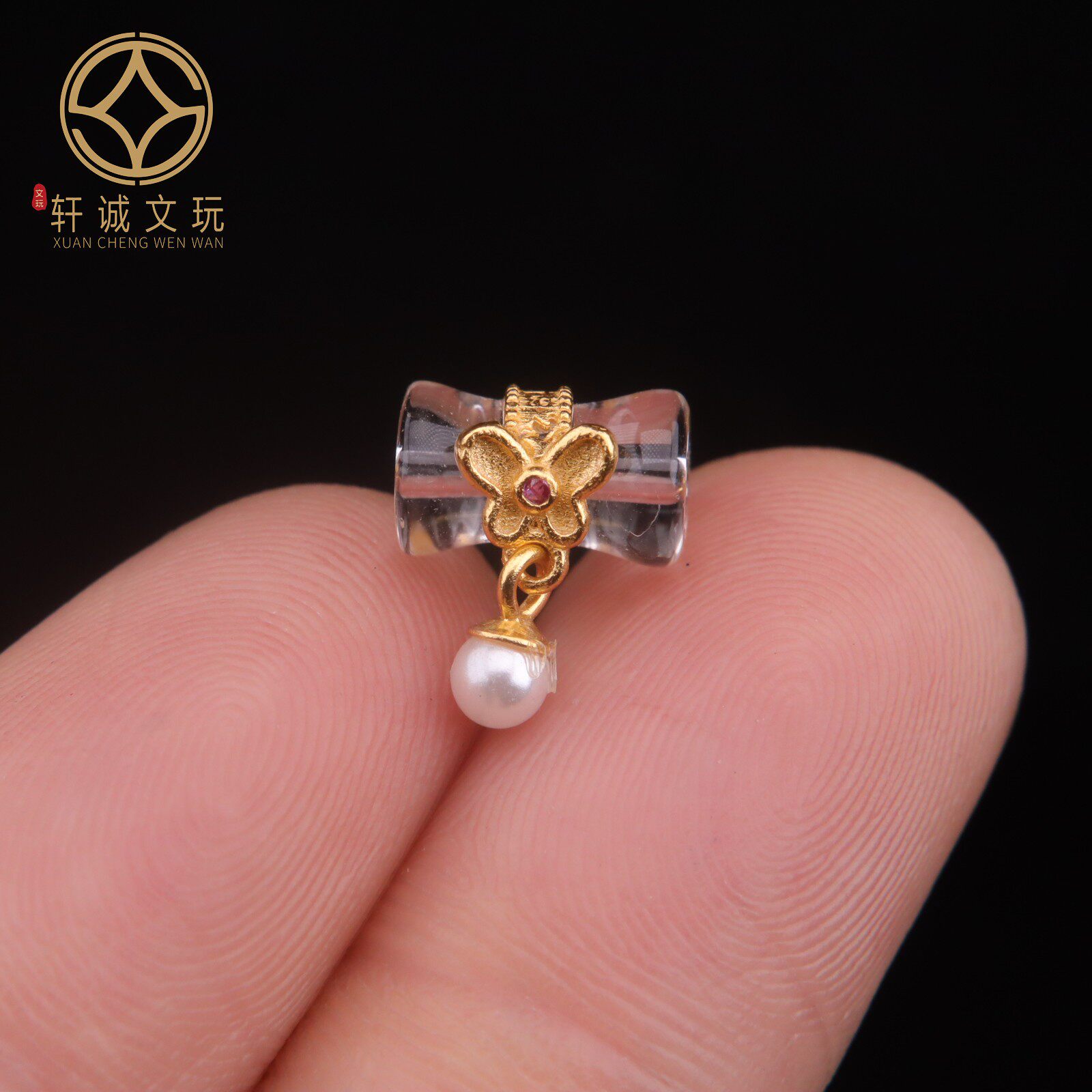 原创S925纯银镀金镶嵌白水晶蝴蝶珍珠桶珠隔珠配件配珠手串配饰