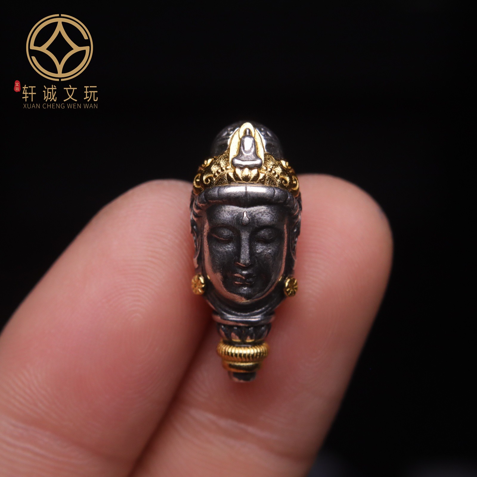 原创足银925镀金观音镶嵌三通佛头金刚菩提手串长串手持diy配饰