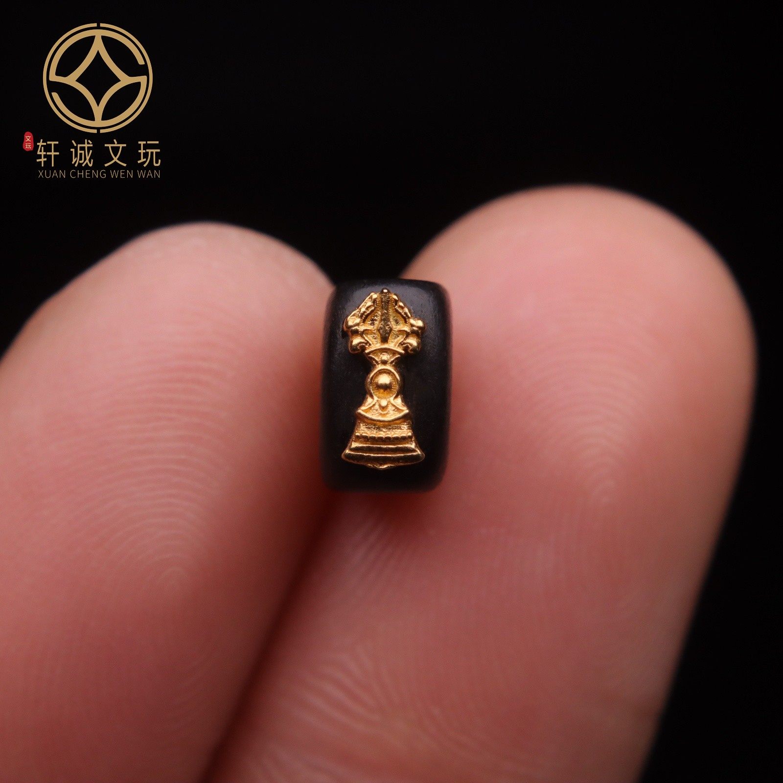 原创S925银镀金天然黑檀木沉香木镶嵌金刚杵老型桶珠散珠DIY配饰