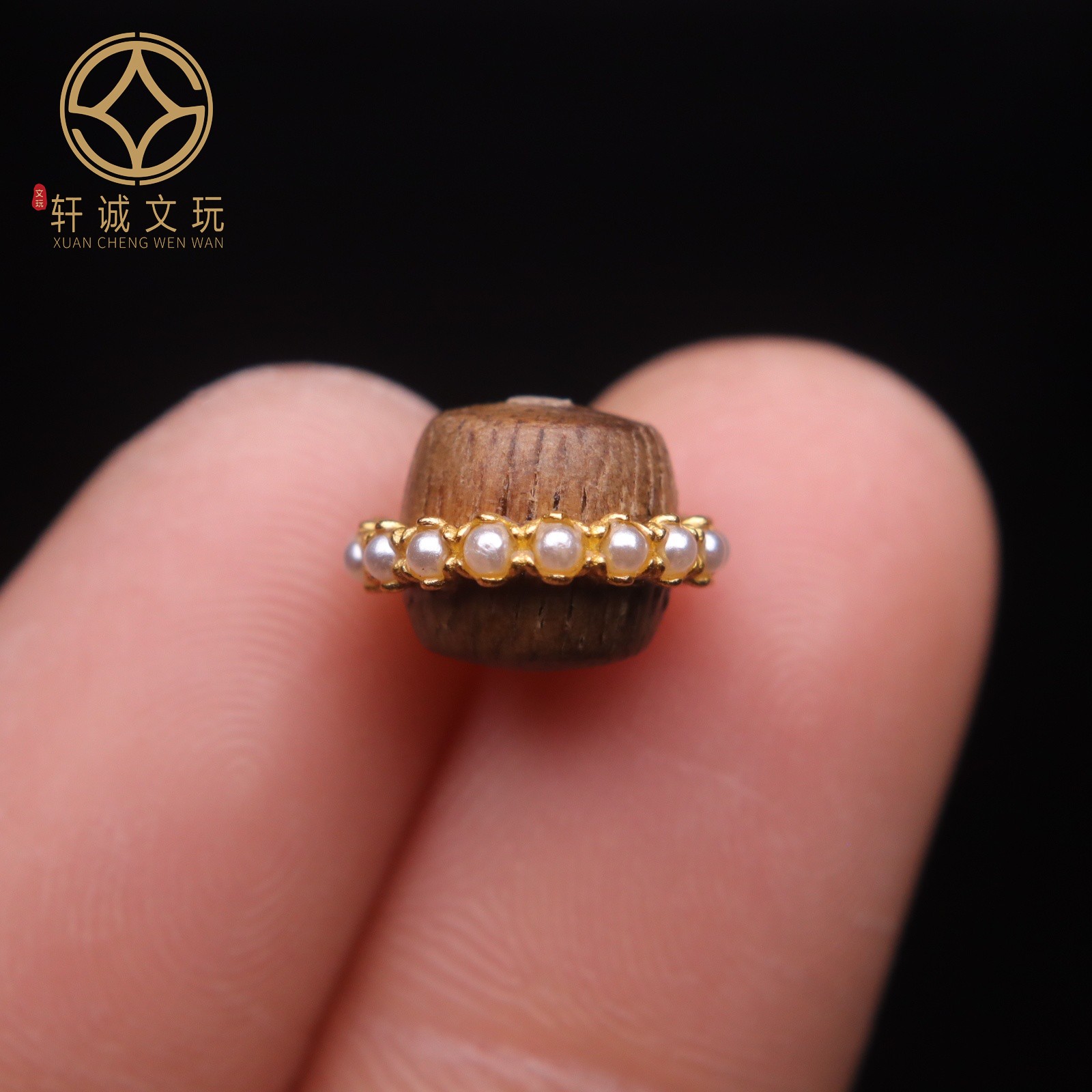 原创S925银镀金天然沉香木镶嵌珍珠老型桶珠散珠DIY配饰配件配珠