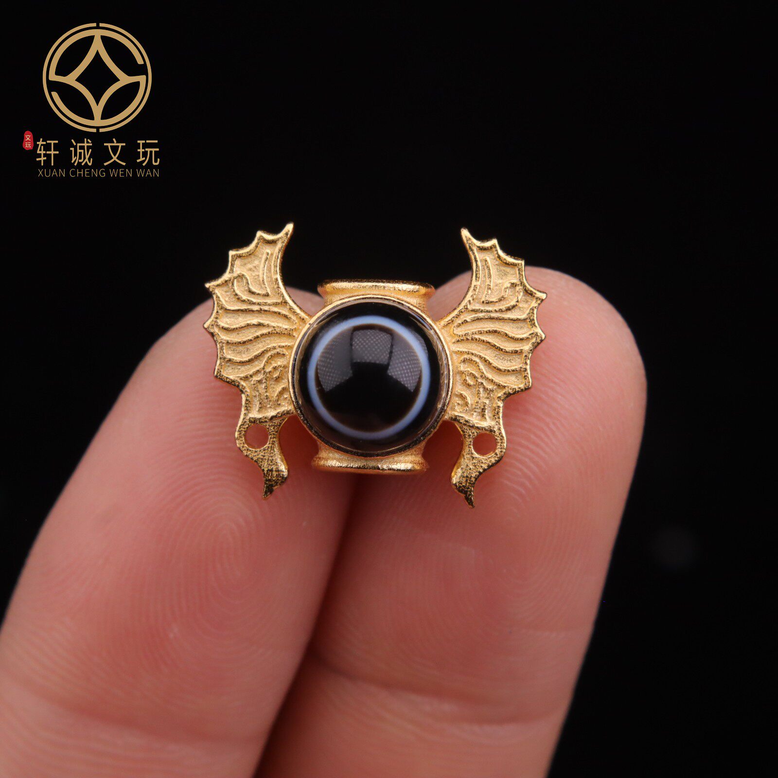 原创925银镀金镶嵌天然玛瑙蝙蝠桶珠天珠散珠DIY配饰吊坠文玩配件